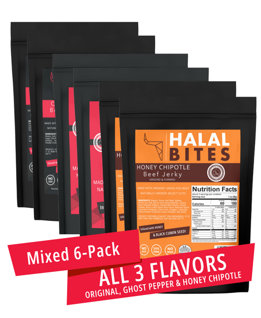 Mixed Flavors | Halal Bites | Original, Honey Chipotle + Ghost Pepper Beef Jerky Bites | 6-Pack